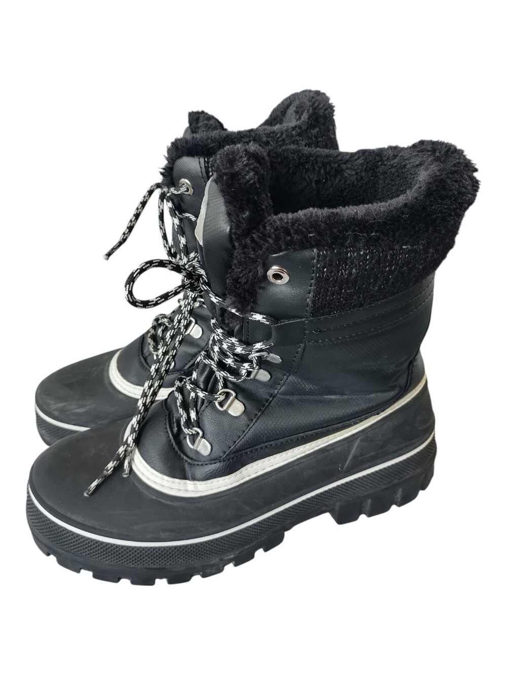 Pre Loved Cougar Black Faux Fur Trim Lace-Up Winter Boots